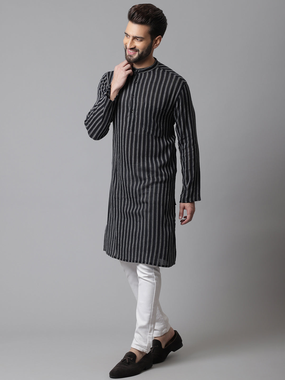 Even Apparels Black Pure Cotton Kurta With Band Collar | Grocsy