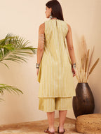 InWeave Women's Light Yellow Lurex Kantha Mandarin Neck Kurta Palazzo Set | Grocsy