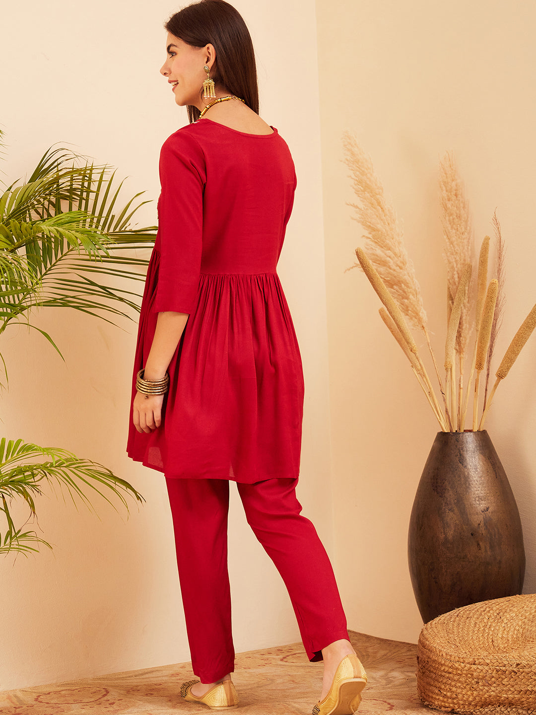 InWeave Women's Maroon Round Neck Square Gota Work Kurta Pant Set | Grocsy