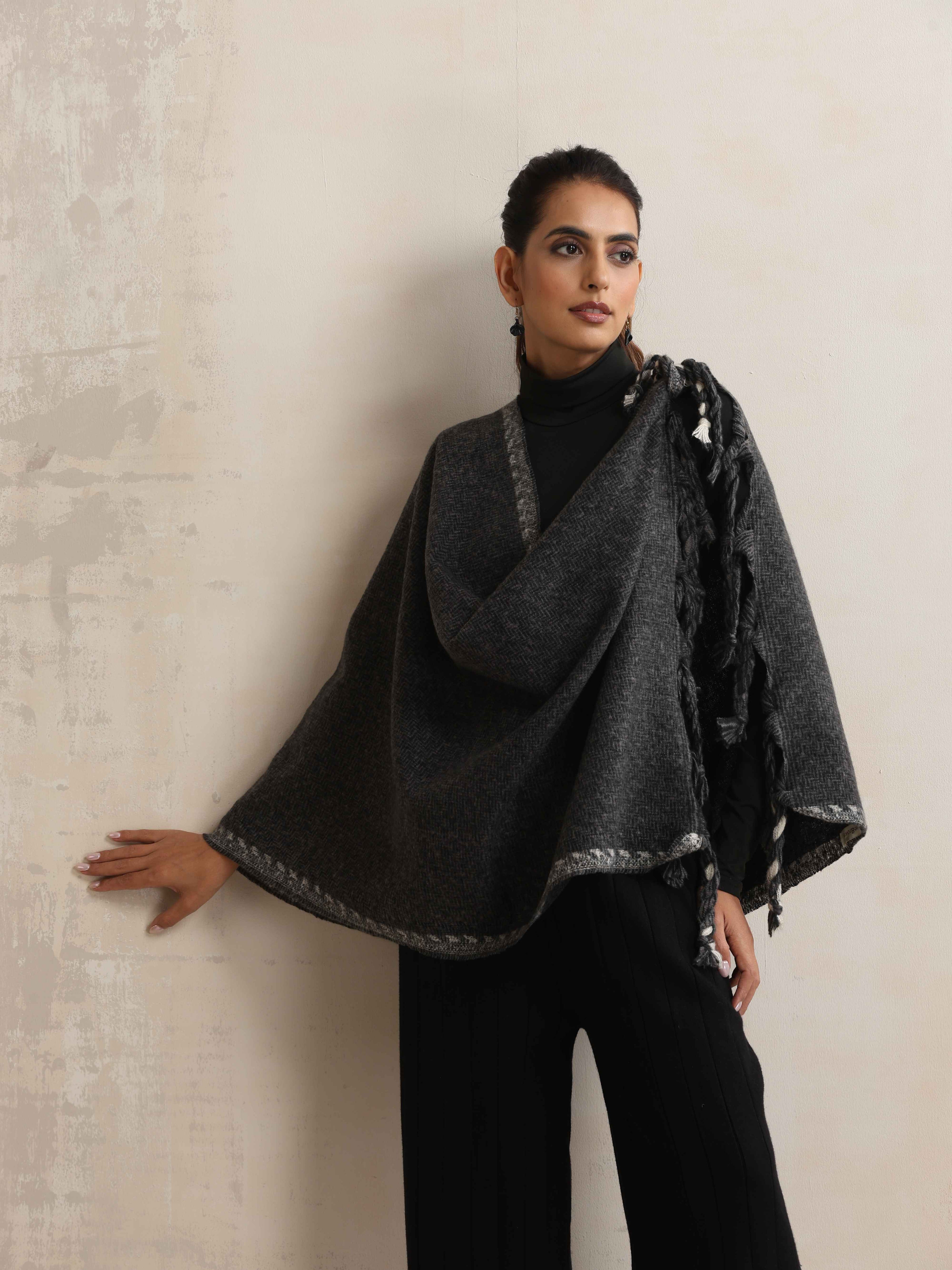 trueBrowns Black Tassel Woollen Stole | Grocsy