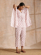 trueBrowns Pink Buta On White Block Print Cotton Kaftan Co-Ord Set | Grocsy