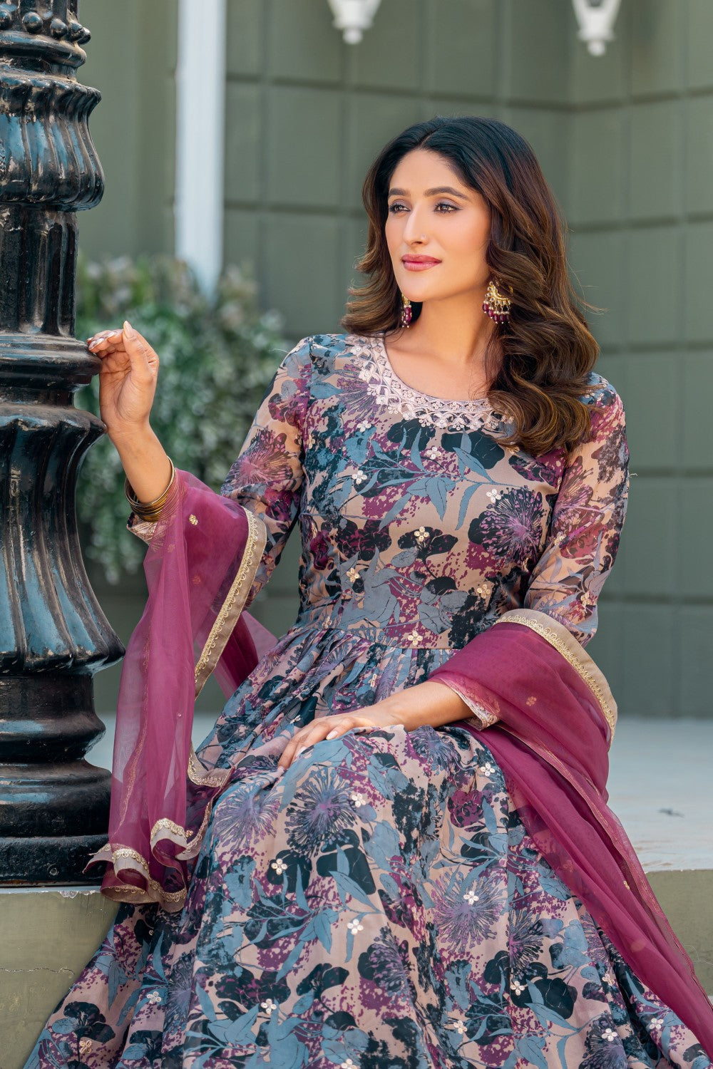 Anaita Grey Tabby Silk Stitched Anarkali Suit With Thread & Sequence Work | Grocsy
