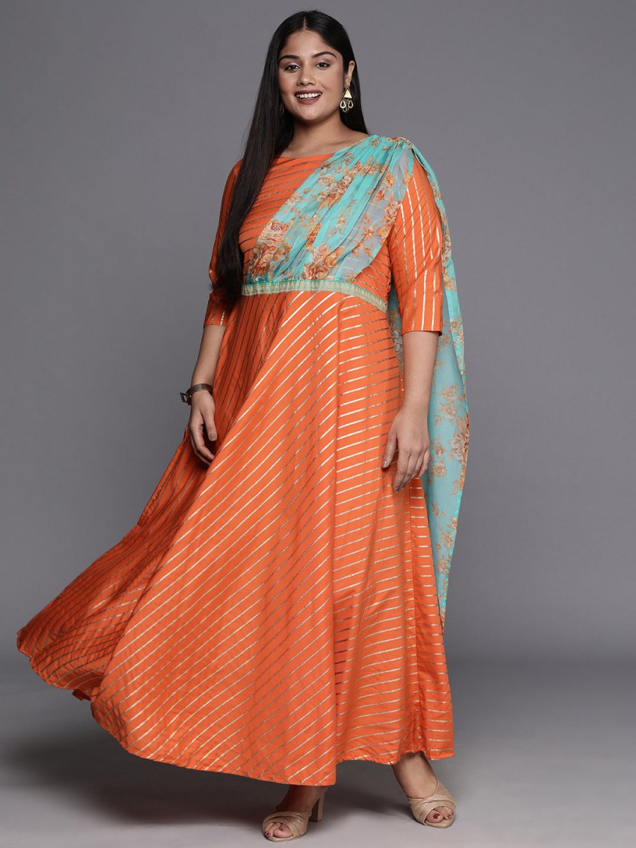Ahalyaa Plus Size Boat neck Maxi Ethnic Dress | Grocsy