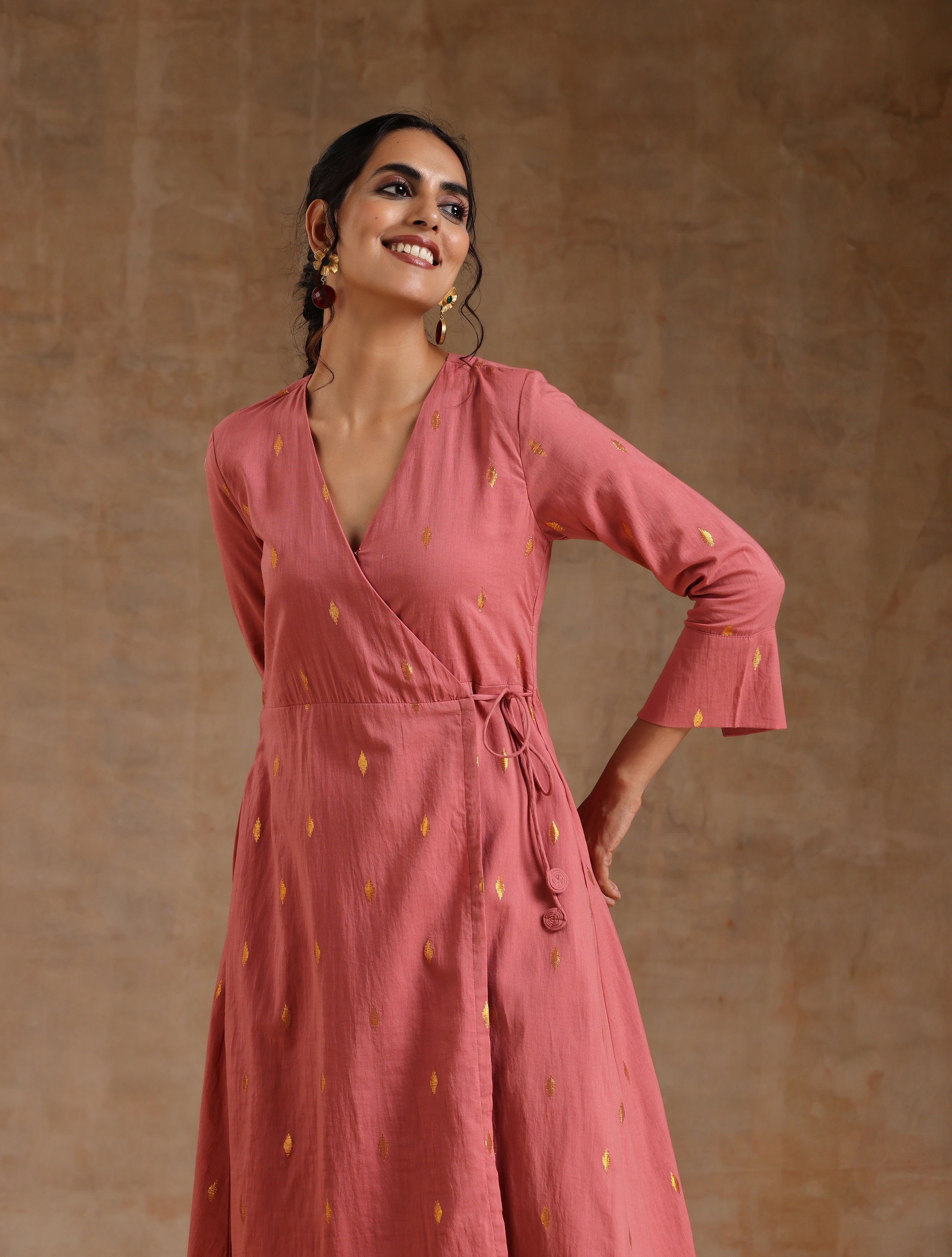 trueBrowns Blush Gold Cotton Angrakha Kurta Set | Grocsy