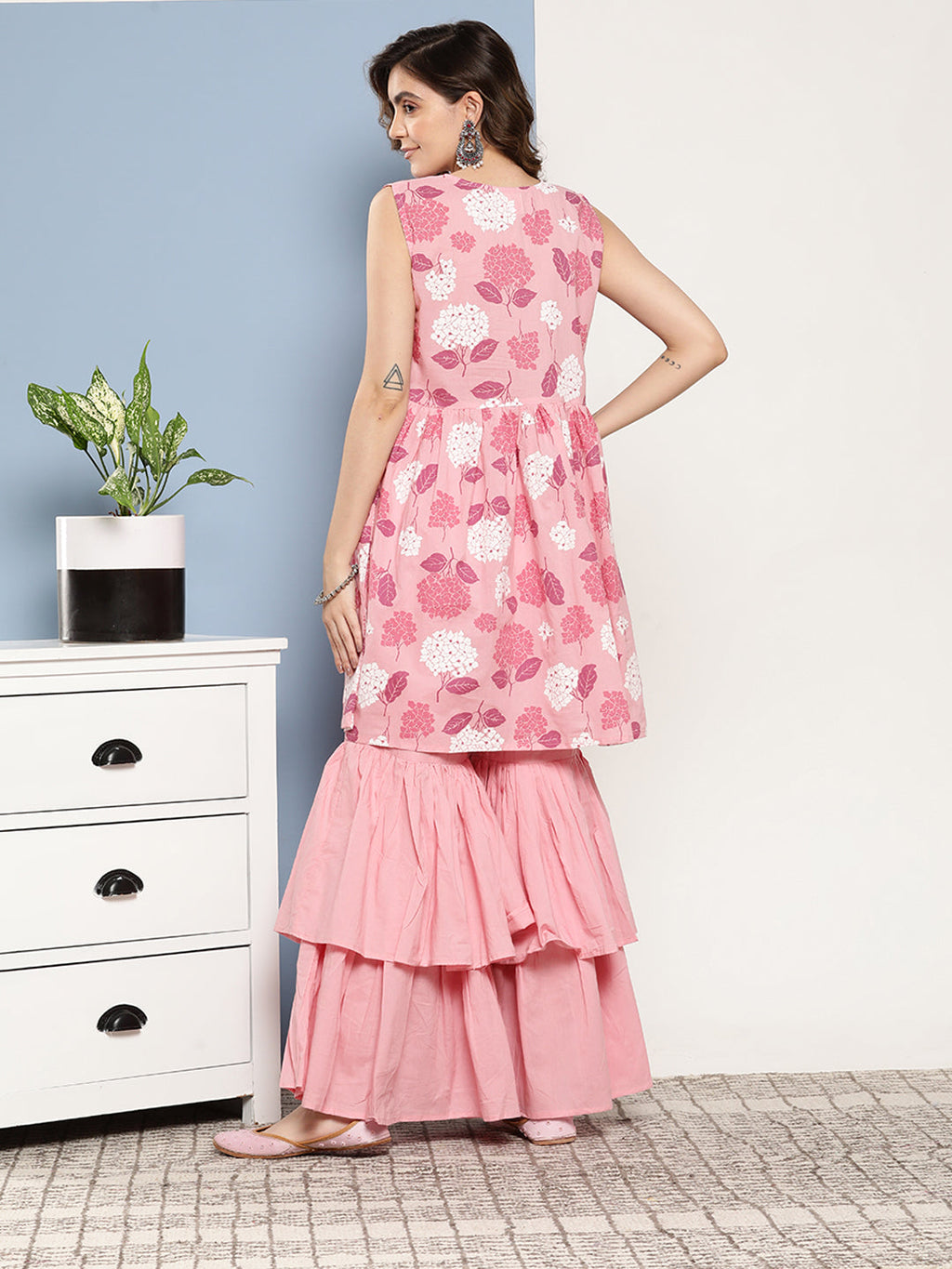 InWeave Women's Pink Printed Chintz Tiered Sharara Set | Grocsy