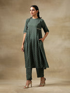 trueBrowns Dark Green Bandhani Printed Silk Side Gathered Kurta Pant Set | Grocsy
