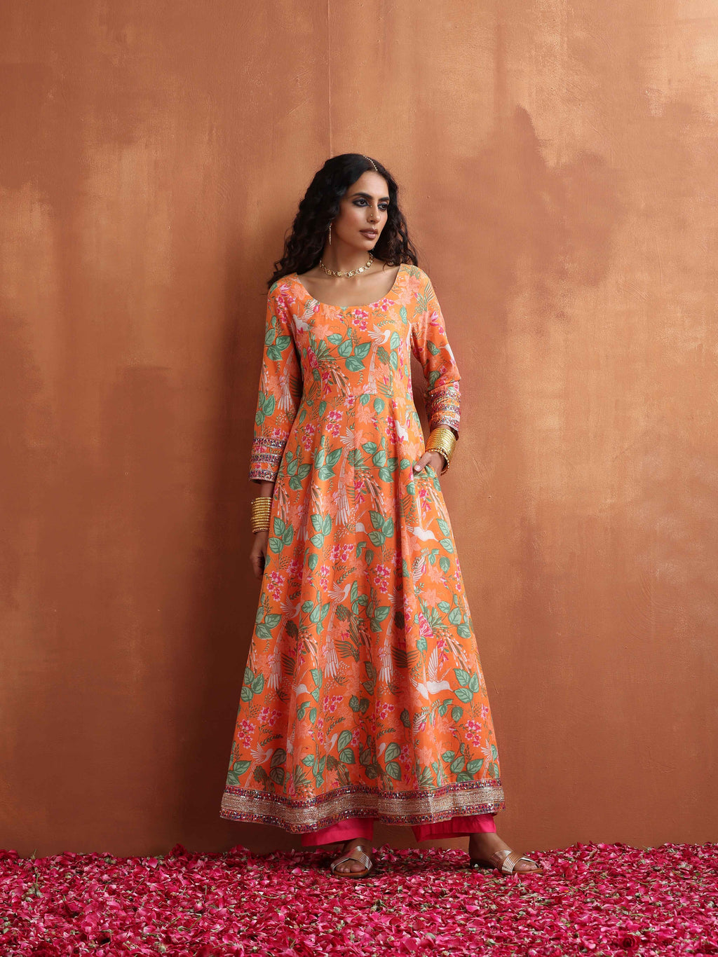 trueBrowns Orange Print Flared Anarkali Kurta Set | Grocsy