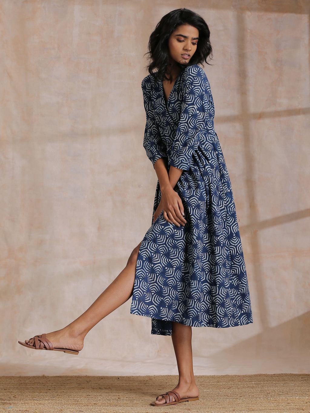 trueBrowns Indigo Dabu Overall Print Cotton Wrap Dress | Grocsy