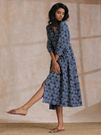 trueBrowns Indigo Dabu Overall Print Cotton Wrap Dress | Grocsy