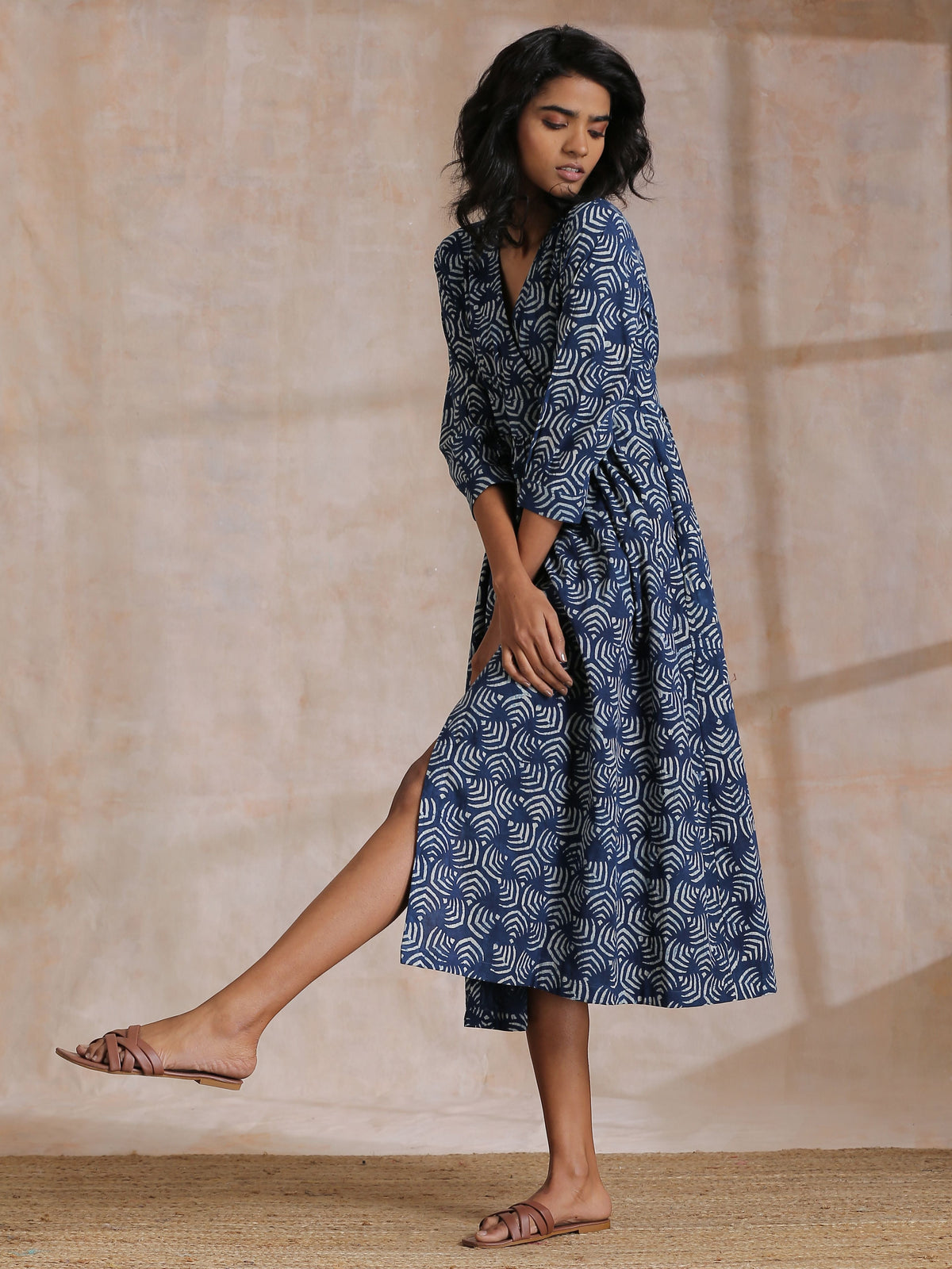trueBrowns Indigo Dabu Overall Print Cotton Wrap Dress | Grocsy