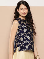 InWeave Women's Navy Blue Brocade Halter Top | Grocsy