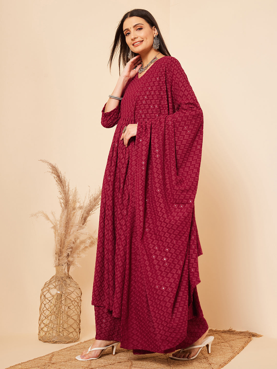 InWeave Women's Maroon Chikankari Long Anarkali Kurta Palazzo Set W Dupatta | Grocsy