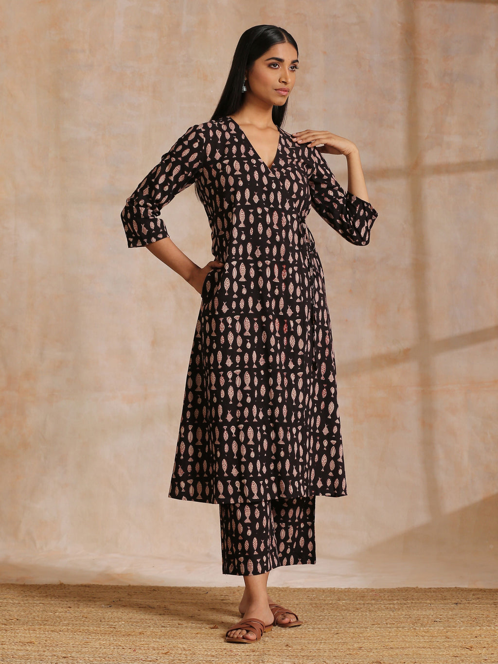 trueBrowns Black Fish Bagru Print Cotton Angrakha Pant Set | Grocsy