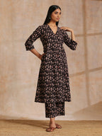 trueBrowns Black Fish Bagru Print Cotton Angrakha Pant Set | Grocsy