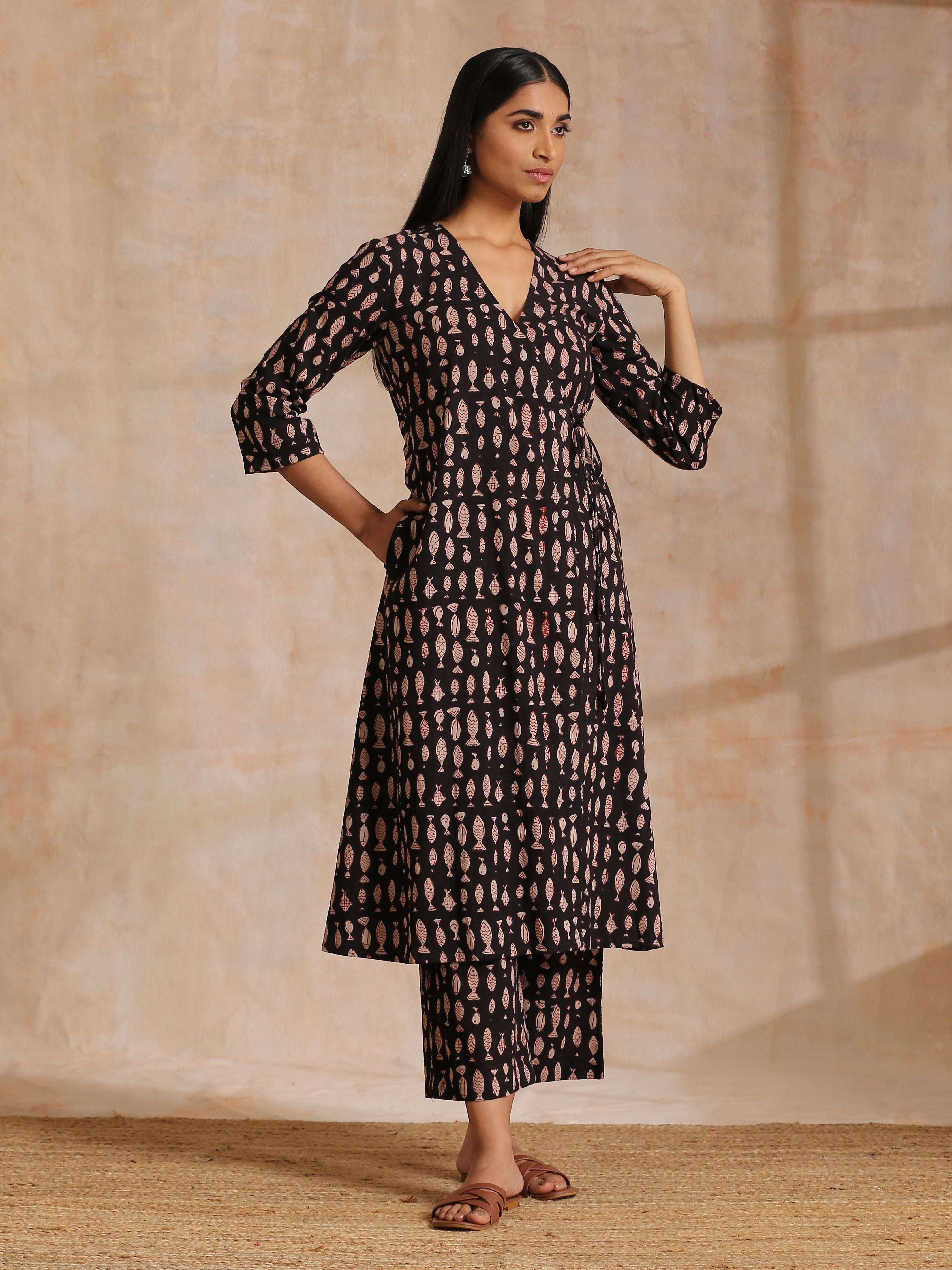 trueBrowns Black Fish Bagru Print Cotton Angrakha Pant Set | Grocsy