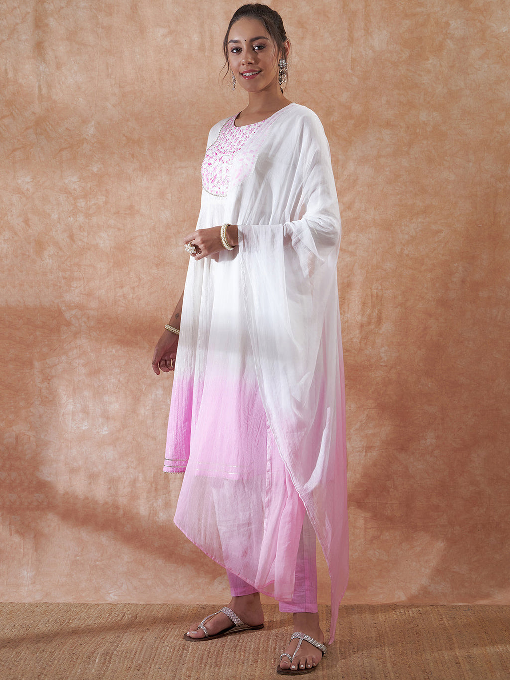 InWeave Women's White Lurex Pink Dye Patch Gota Anarkali Kurta Set W Dupatta | Grocsy