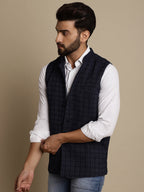 Even Apparels Men's Blue Mandarin Collar Waistcoat | Grocsy