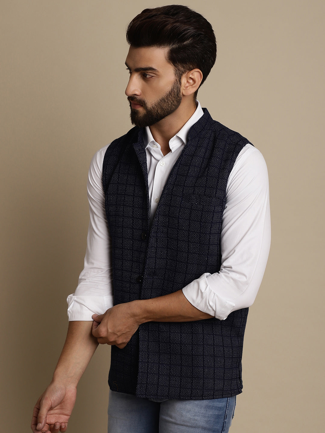 Even Apparels Men's Blue Mandarin Collar Waistcoat | Grocsy
