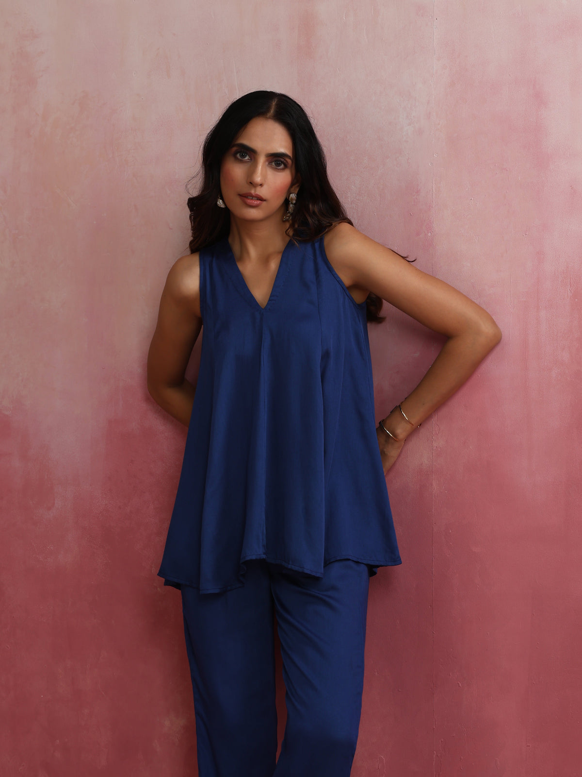 trueBrowns Blue Modal Flared Kurta Co-ord Set | Grocsy