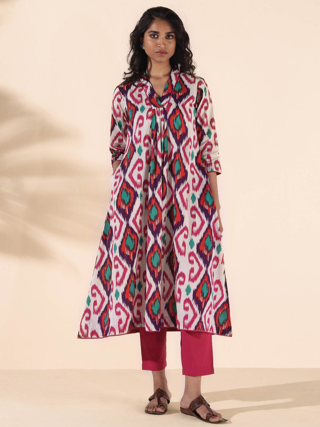 trueBrowns Pink Cotton Ikat Flared Kurta Pant Set | Grocsy
