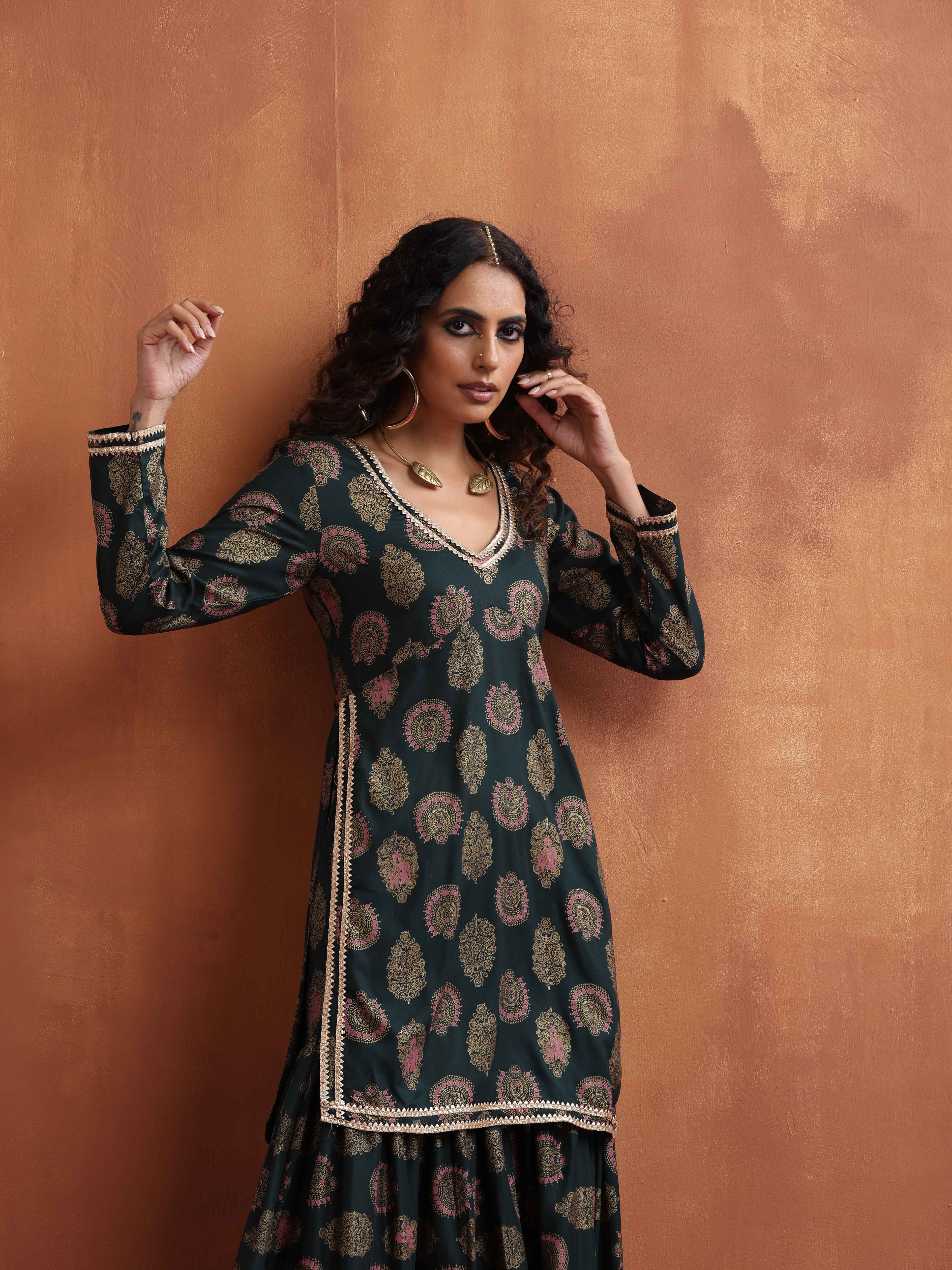 trueBrowns Green Foil Print Sharara Set | Grocsy