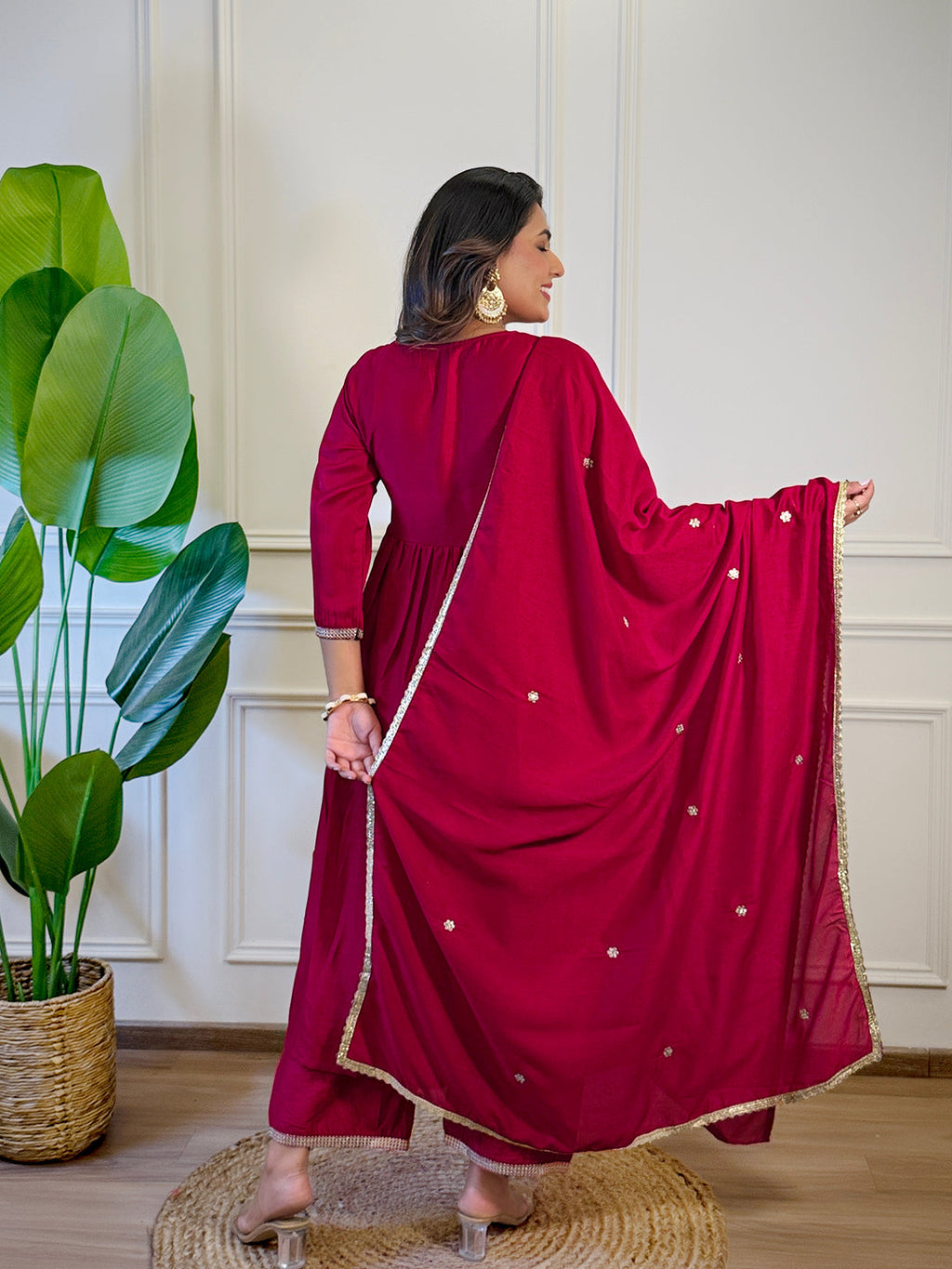 The52 Women's Gorgeous Vichitra Silk Embroidery Flared Kurta with Palazzo And Dupatta Set | Grocsy