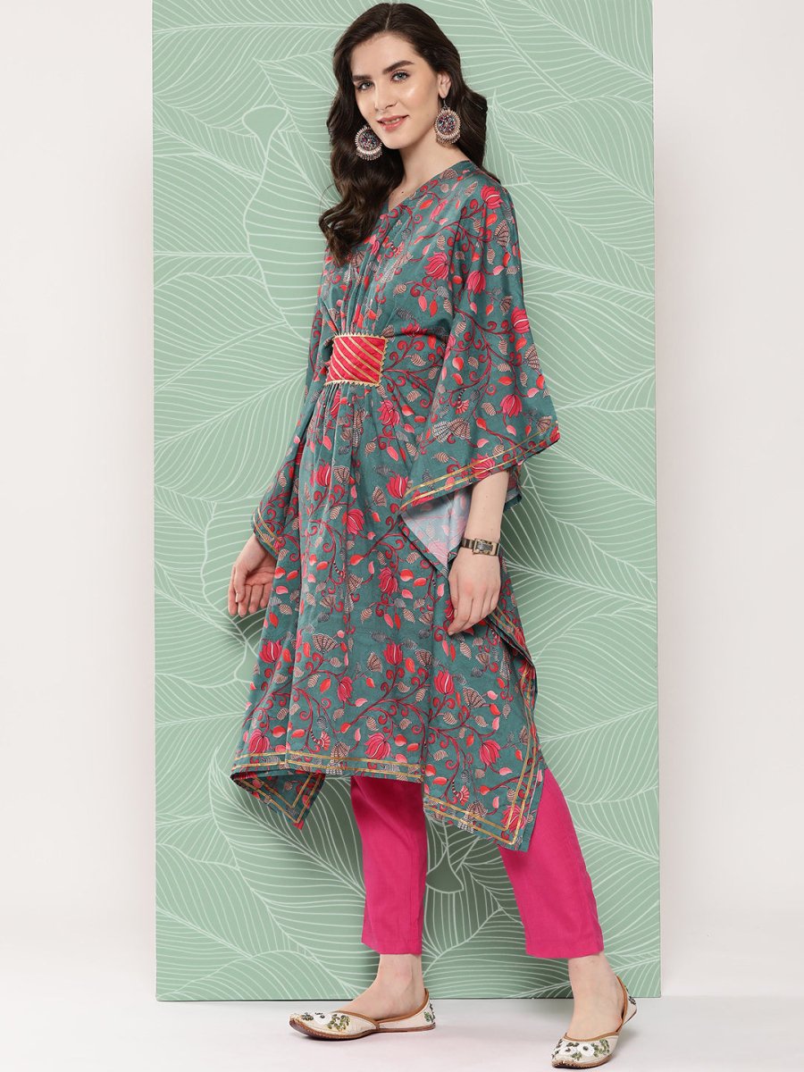 Ahalyaa Women Floral Printed Flared Sleeves Gotta Patti Crepe Kaftan Kurta | Grocsy