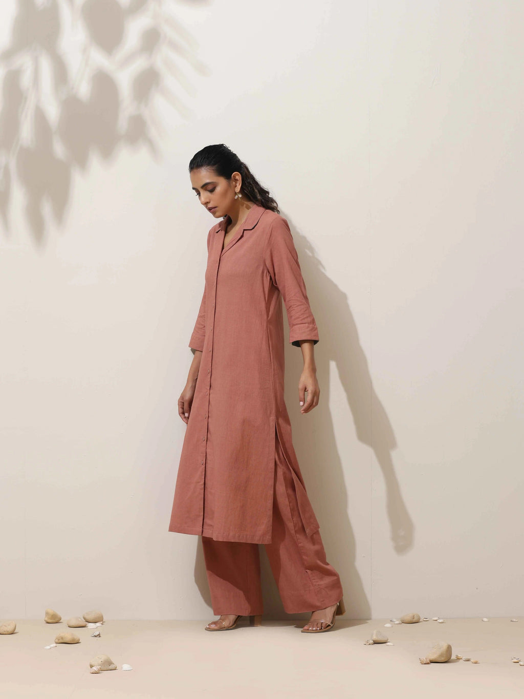 trueBrowns Peach Cotton Linen Kurta Pant Set | Grocsy