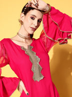 InWeave Women's Fuschia Organza Sleeve Gota Work Kurta Set | Grocsy