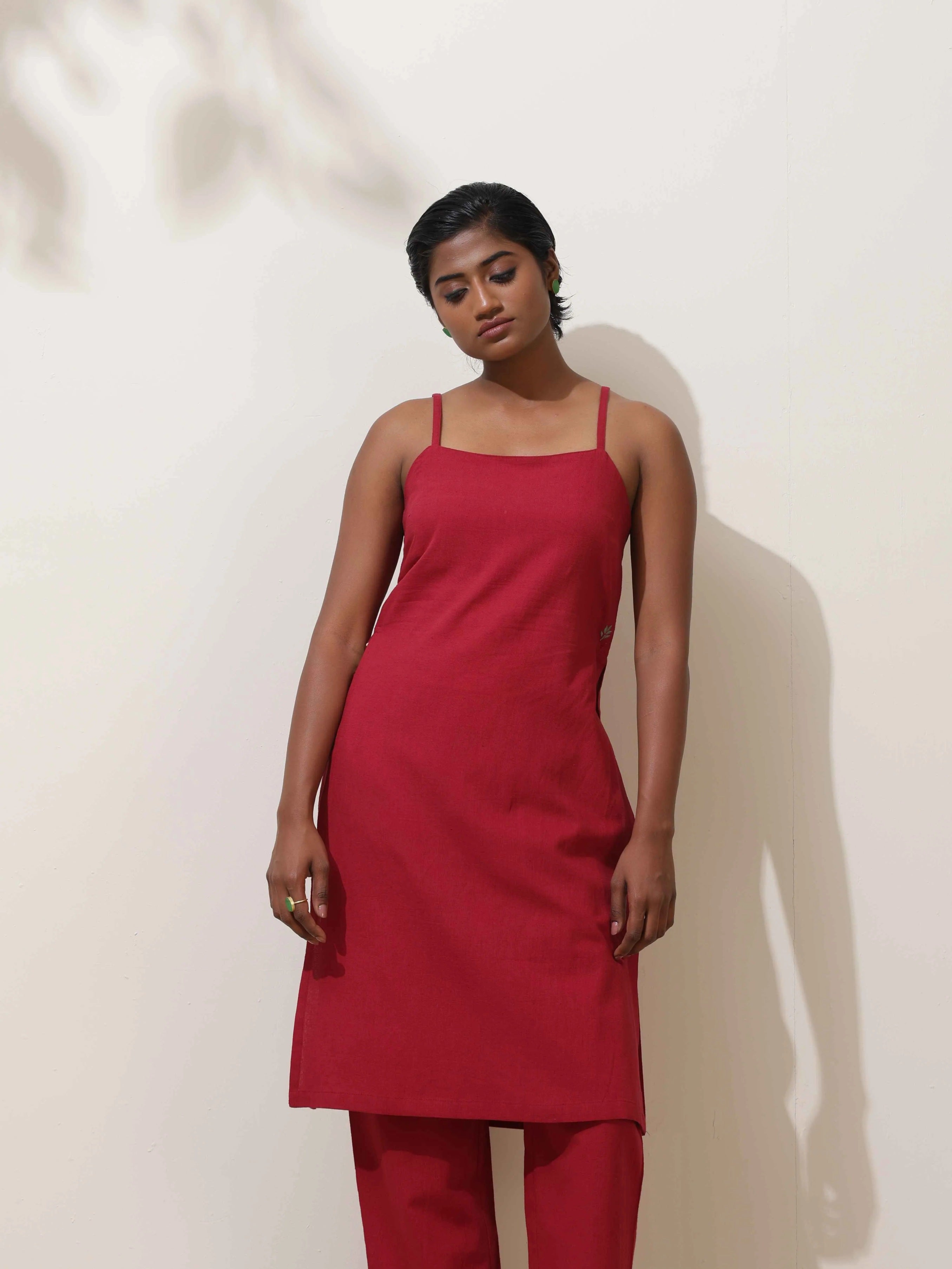 trueBrowns Maroon Cotton Linen Kurta Co-Ord Set | Grocsy