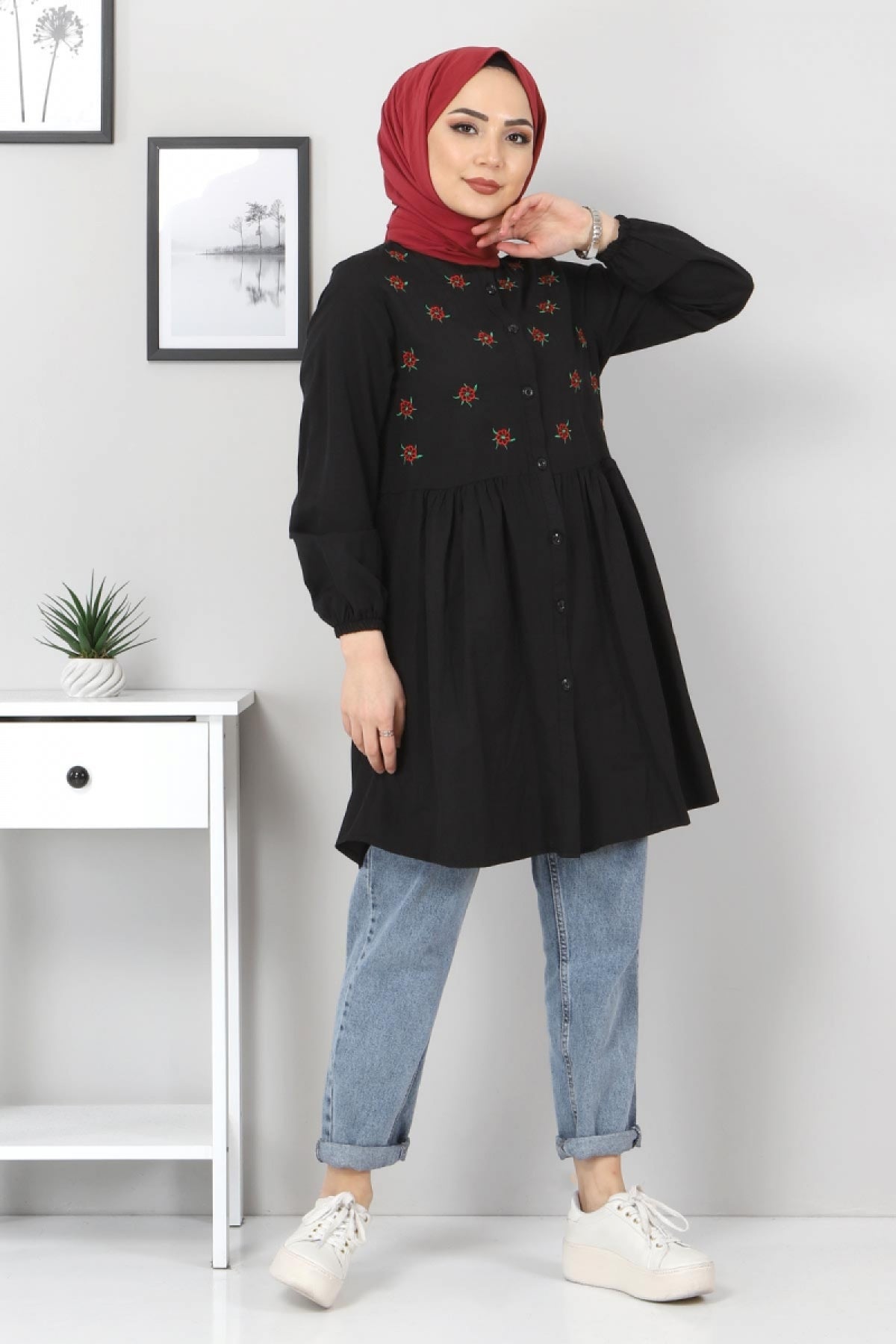 Pimu Muslim Wear Women's Embroidered Top - Black | Grocsy