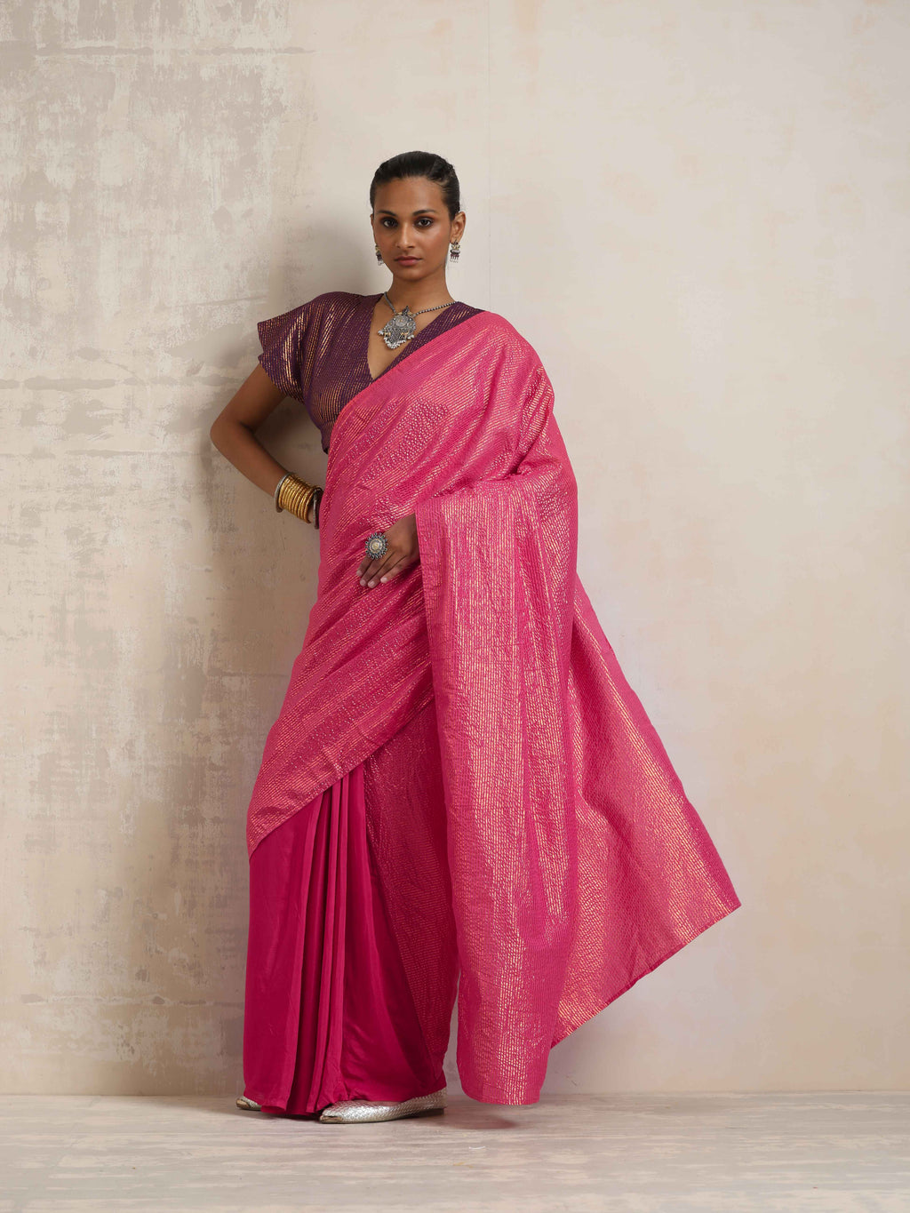 trueBrowns Pink Gold Metallic Ready To Wear Saree | Grocsy