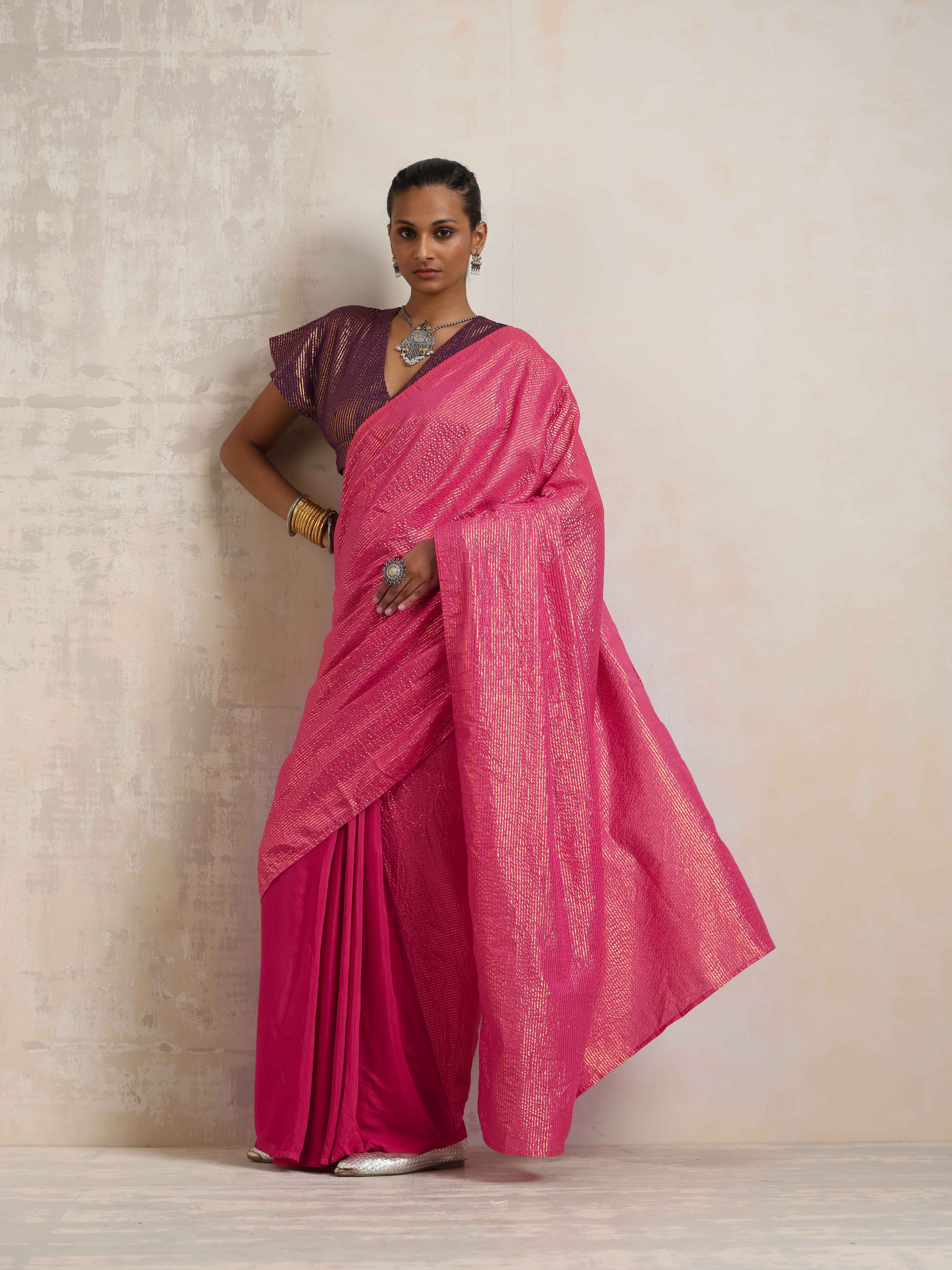 trueBrowns Pink Gold Metallic Ready To Wear Saree | Grocsy