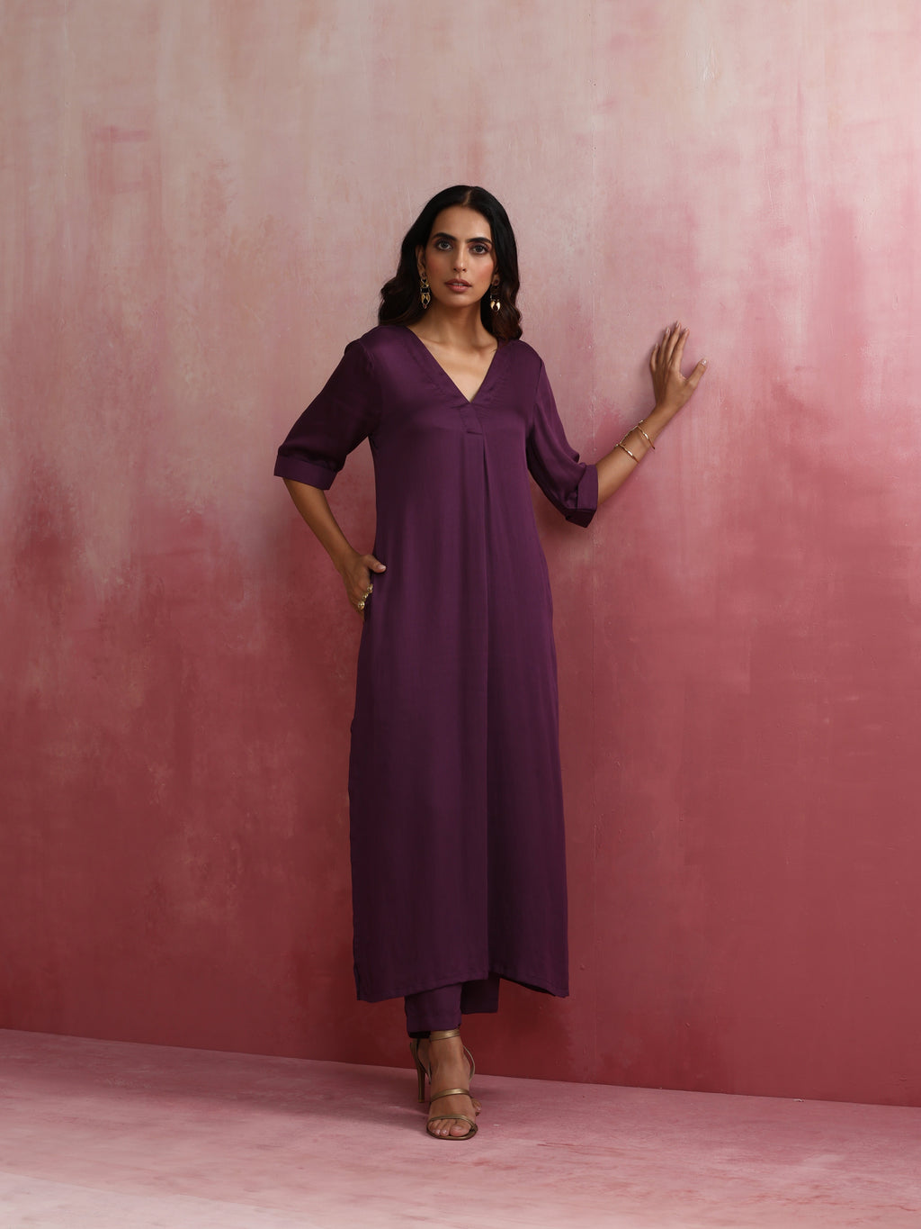 trueBrowns Purple Modal Pleated Kurta Set | Grocsy