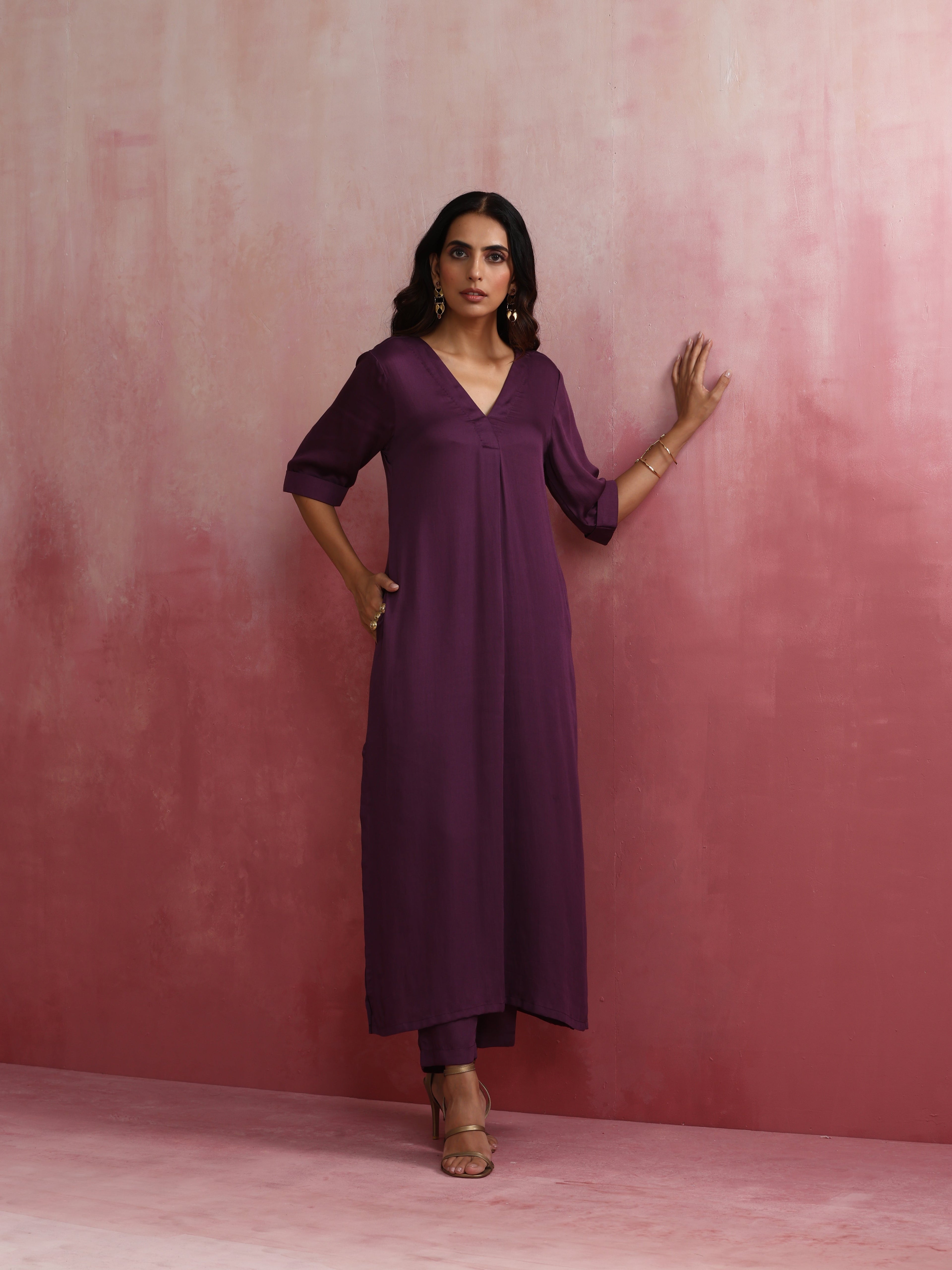 trueBrowns Purple Modal Pleated Kurta Set | Grocsy