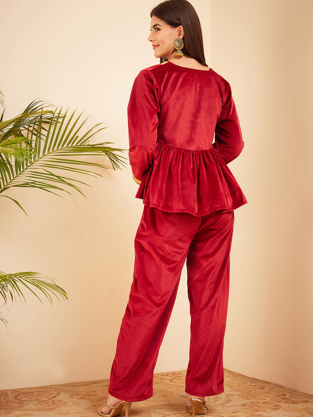 InWeave Women's Barn Red Mughal Shaan Style Velvet Short Kurta Set | Grocsy