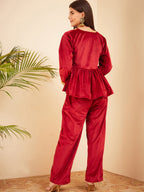 InWeave Women's Barn Red Mughal Shaan Style Velvet Short Kurta Set | Grocsy