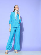 InWeave Women's Aqua Blue Coord Set With White Butterfly Scarf | Grocsy