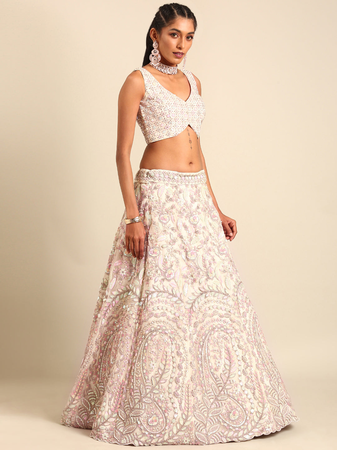House of Panchhi Cream Net Multi Sequins with heavy Zarkan embroidery Lehenga choli & Dupatta | Grocsy