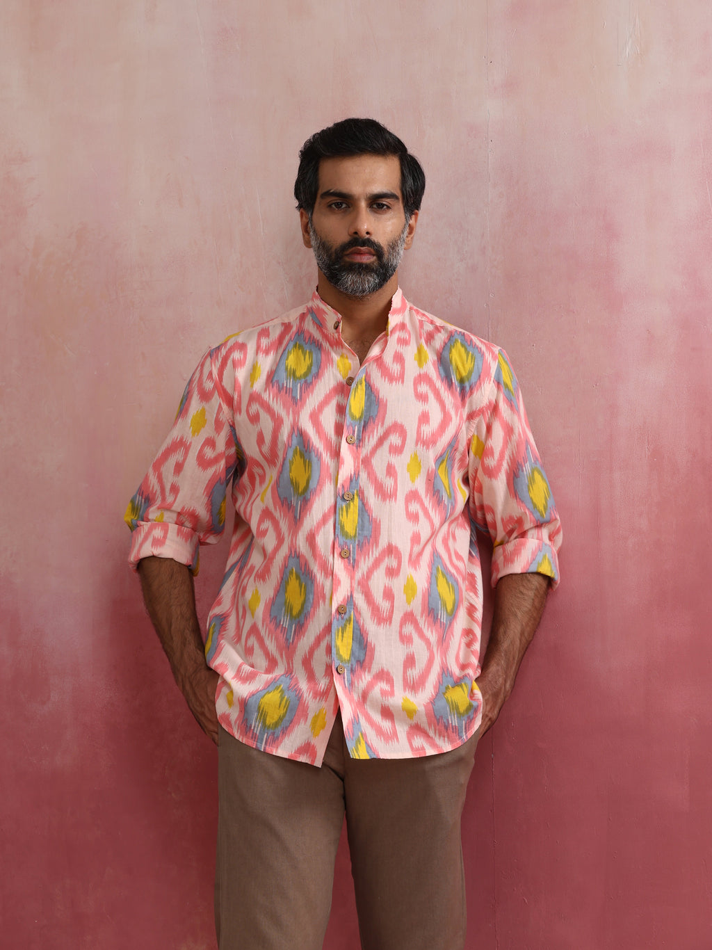 trueBrowns Men's Lime Ikat Print Cotton Shirt | Grocsy