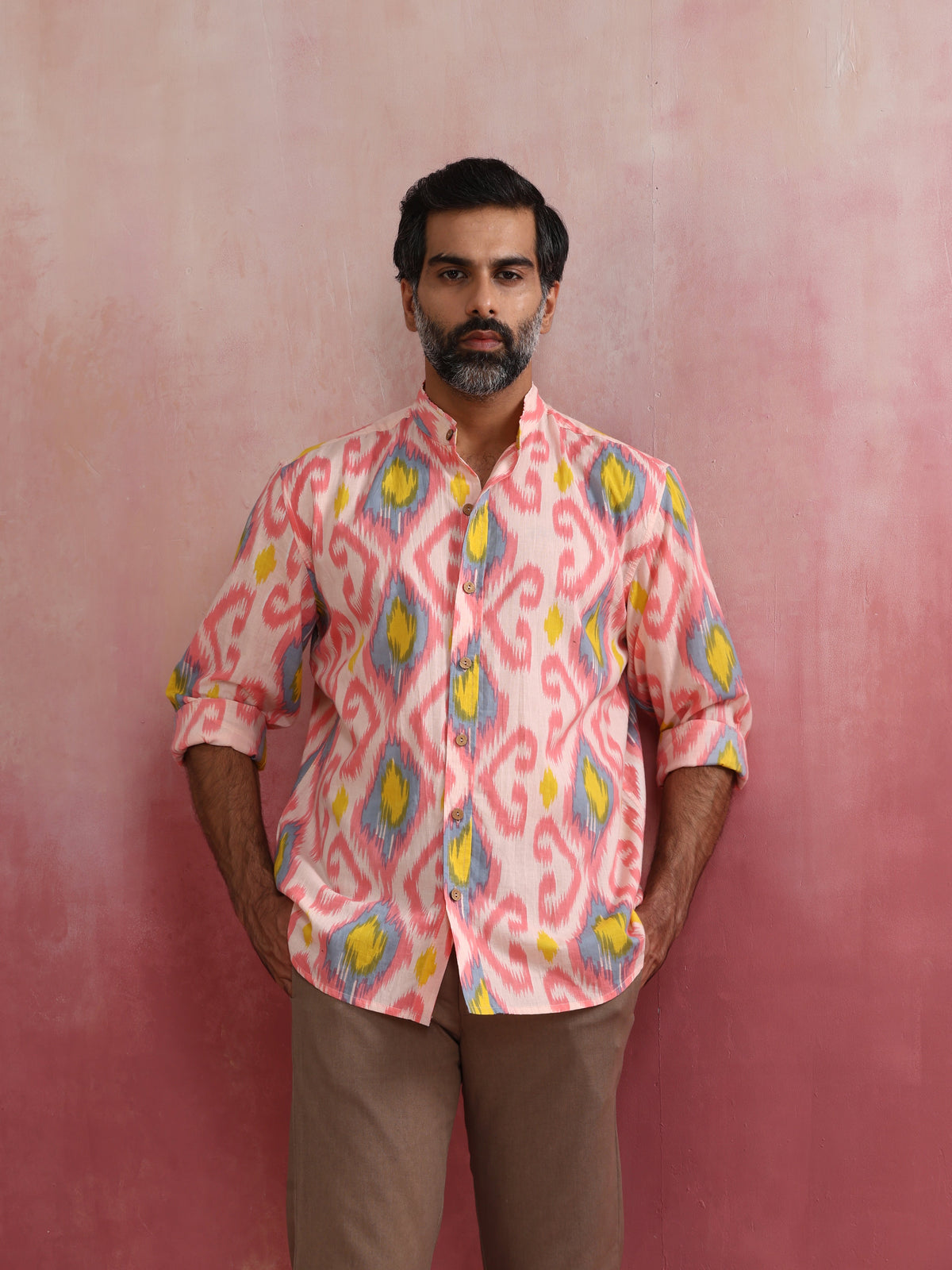trueBrowns Men's Lime Ikat Print Cotton Shirt | Grocsy