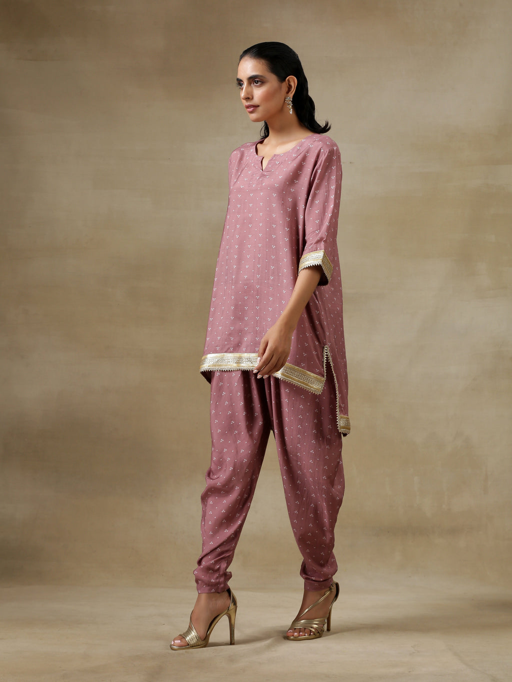 trueBrowns Dark Mauve Bandhani Printed Silk Loose Kurta Dhoti Pant Set | Grocsy