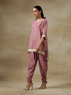 trueBrowns Dark Mauve Bandhani Printed Silk Loose Kurta Dhoti Pant Set | Grocsy