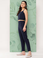 InWeave Women's Navy Top Bottom W Grey Bandhej Long Shrug Set | Grocsy