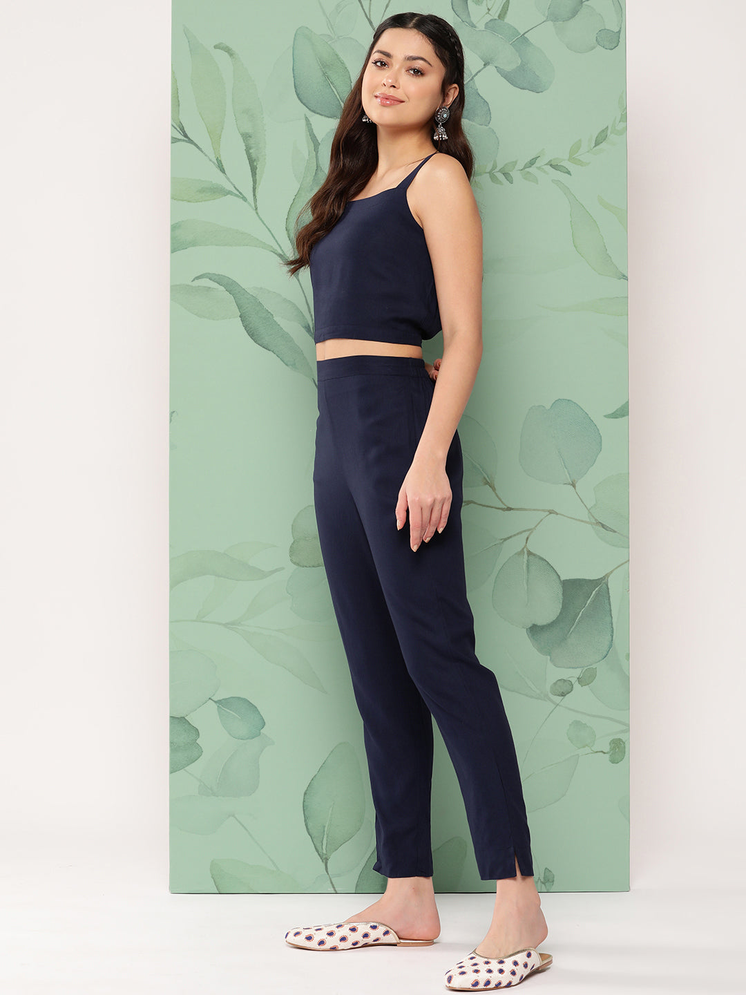 InWeave Women's Navy Top Bottom W Grey Bandhej Long Shrug Set | Grocsy