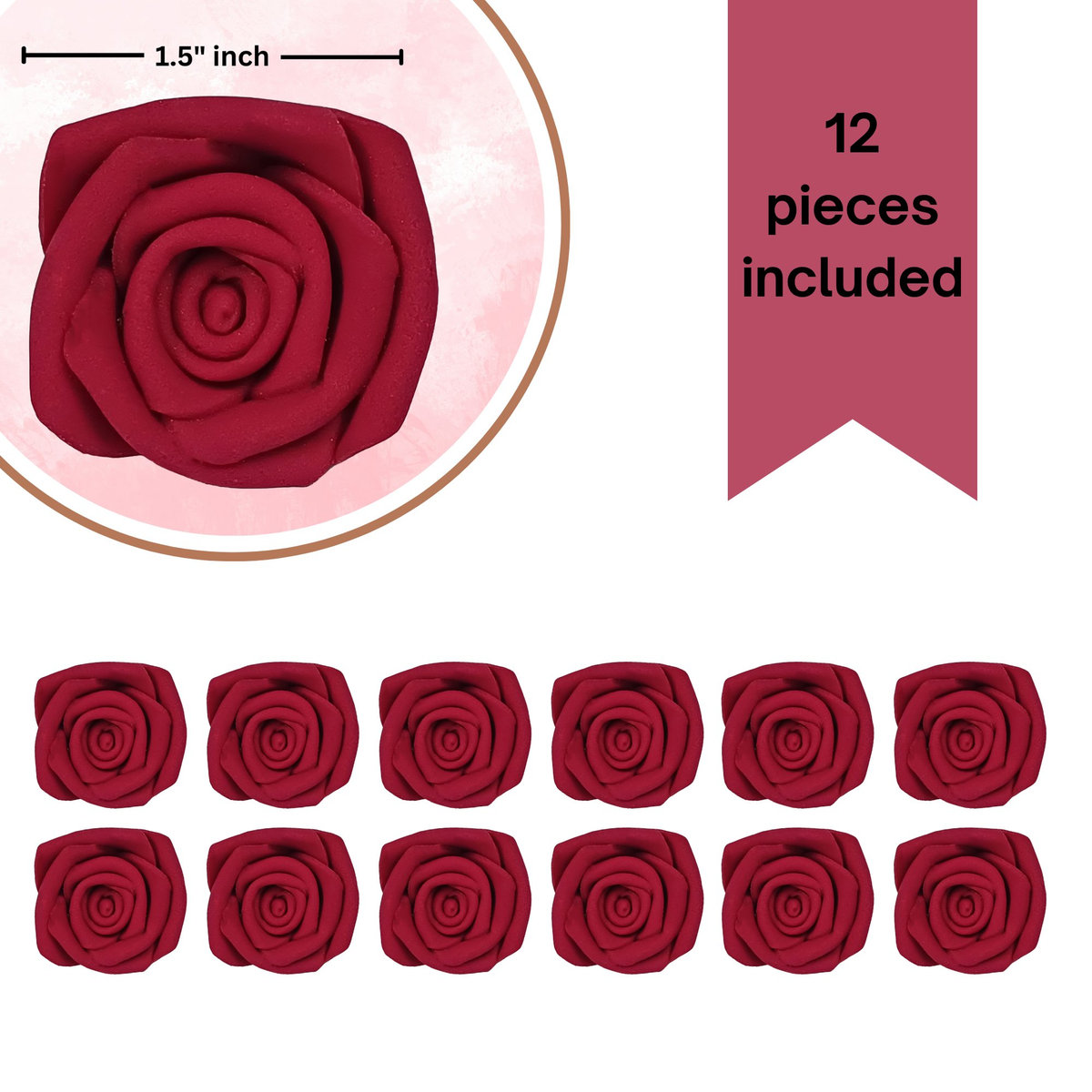 Confect Rich Deep Burgundy Rose | Edible Sugar Roses Topper | Grocsy