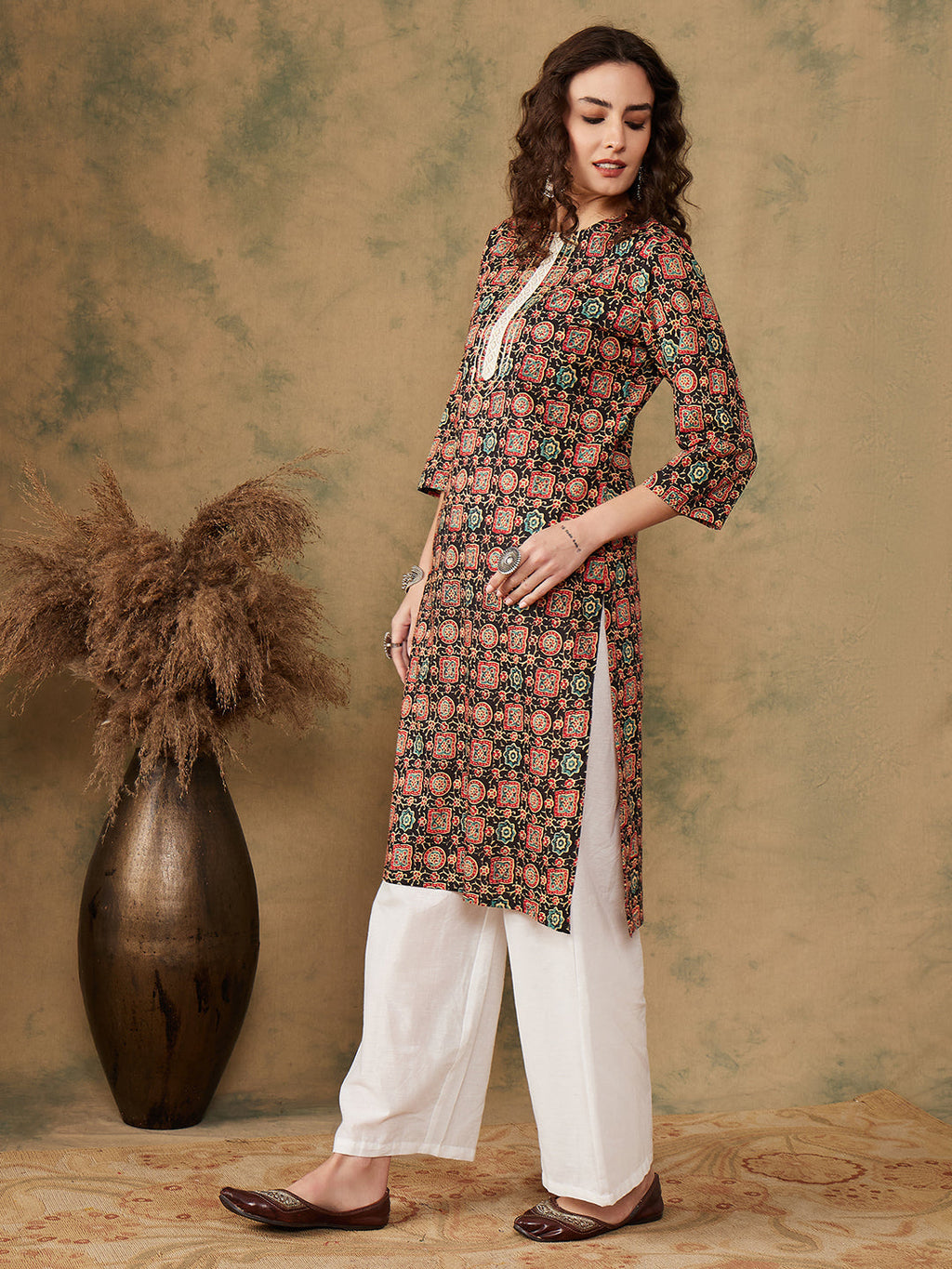 InWeave Women's Black Maroon Print Lace Gota Work Straight Kurta | Grocsy