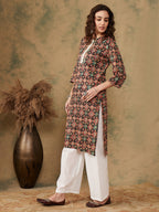 InWeave Women's Black Maroon Print Lace Gota Work Straight Kurta | Grocsy