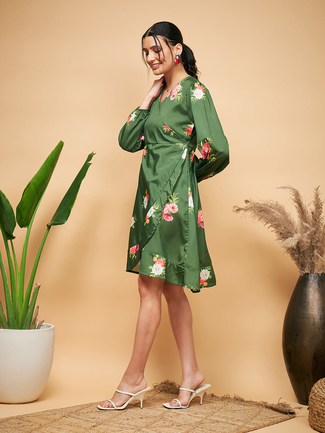 InWeave Women's Green Small Flower Belted Dress | Grocsy