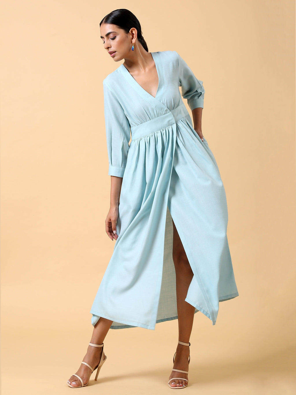 trueBrowns Cotton Linen Light Blue Wrap Dress | Grocsy